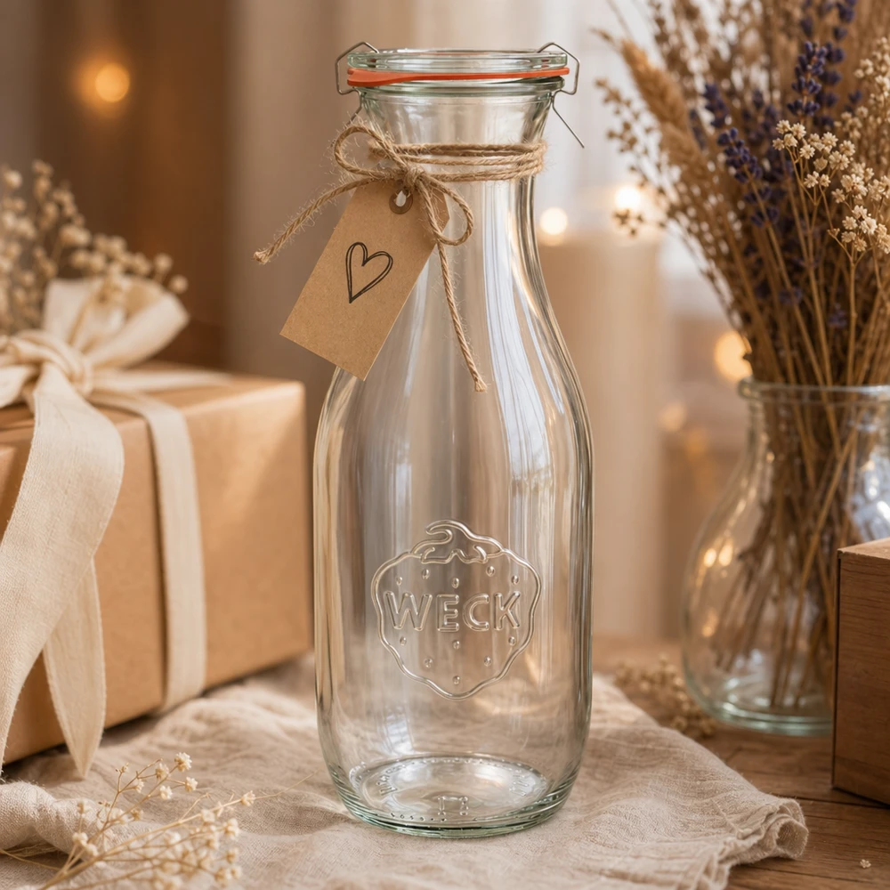 WECK Saftflasche 1062ml RR60 dekorativ mit Juteschnur und Herzanhänger als Geschenk rustikal inszeniert