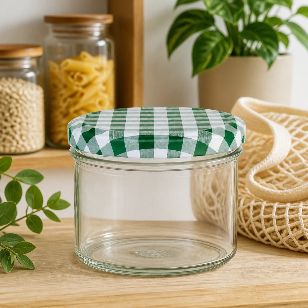 225ml Sturzglas + BasicSeal Deckel grün/weiß UNiTWIST 225ml Sturzglas mit grün-weißem Karodeckel auf Holztisch neben Aufbewahrungsgläsern und Pflanzendekoration