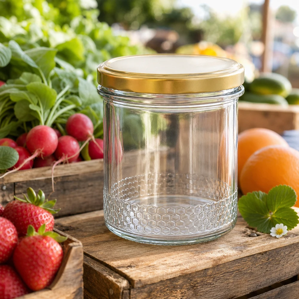 400ml Honigglas mit BasicSeal Deckel gold UNiTWIST auf Holzkiste im Garten umgeben von frischen Erdbeeren und Radieschen