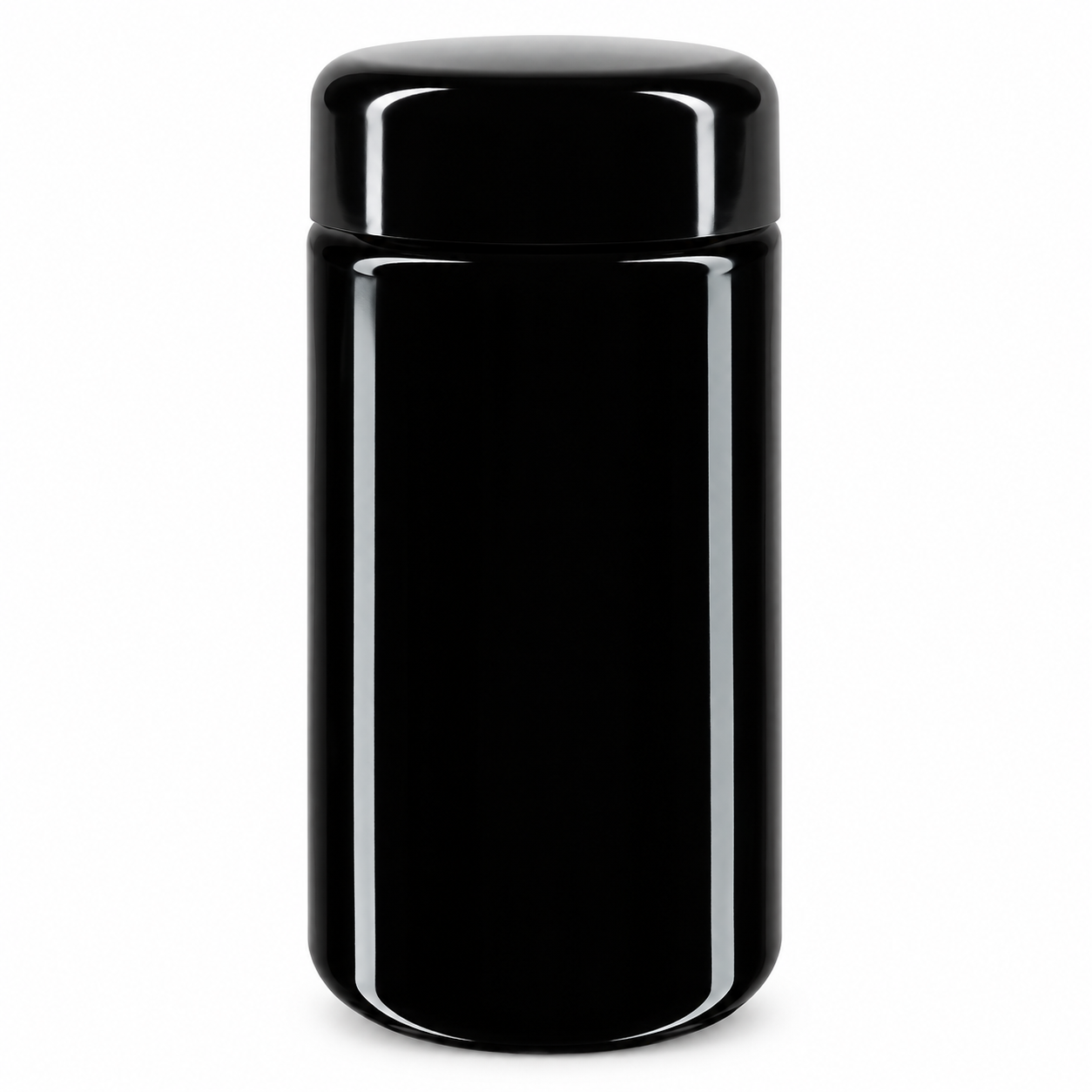 Weithalsdose+ Violettglas 100ml, mit schwarz Deckel – qualitätsoptimiertes Produktfoto