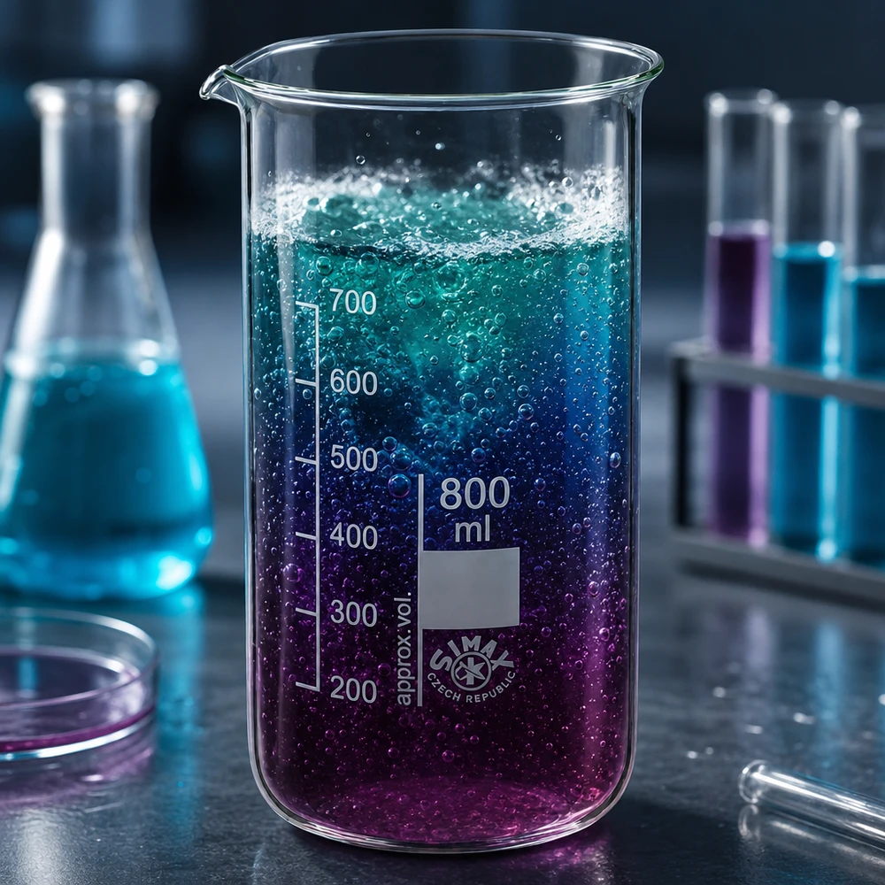 Becherglas 800ml Borosilikatglas, hohe Form Chemisches Experiment im 800ml Becherglas hohe Form mit violett-blauer Flüssigkeit und Schaum