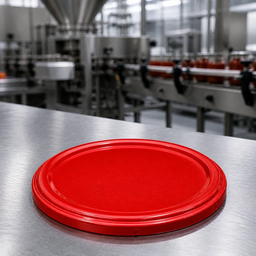 BasicSeal Einweckdeckel 82mm rot TO82 UNiTWIST auf Edelstahltisch professionelle Abfüllanlage