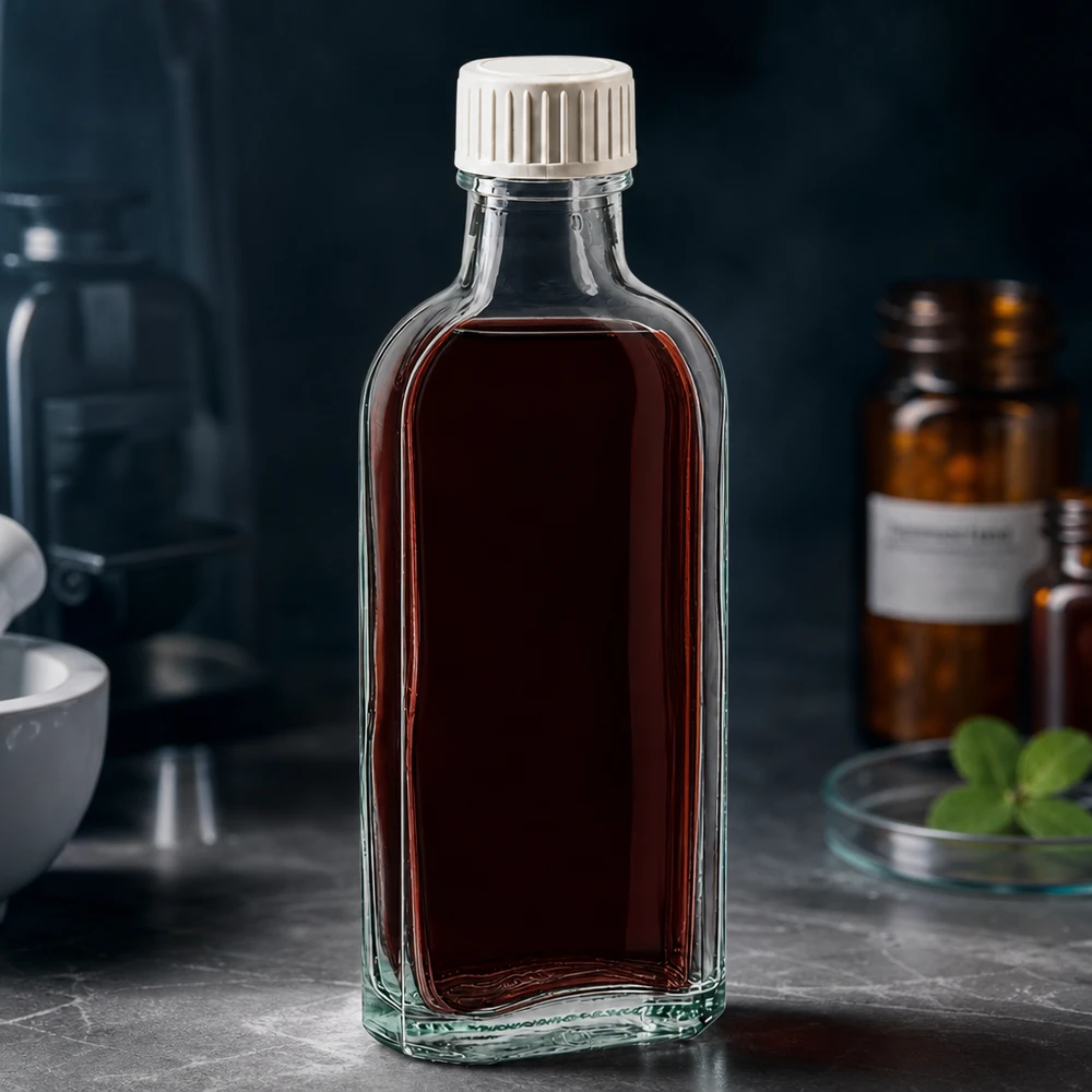 Klare Meplat Flasche mit auslaufsicherem Weißverschluss vor dunklem Laborhintergrund 100ml