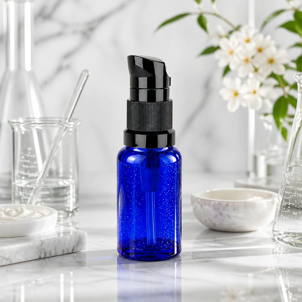 Handliche 10ml Glasflasche mit Pump STD BlueLine UT18/10 für sparsame Produktentnahme