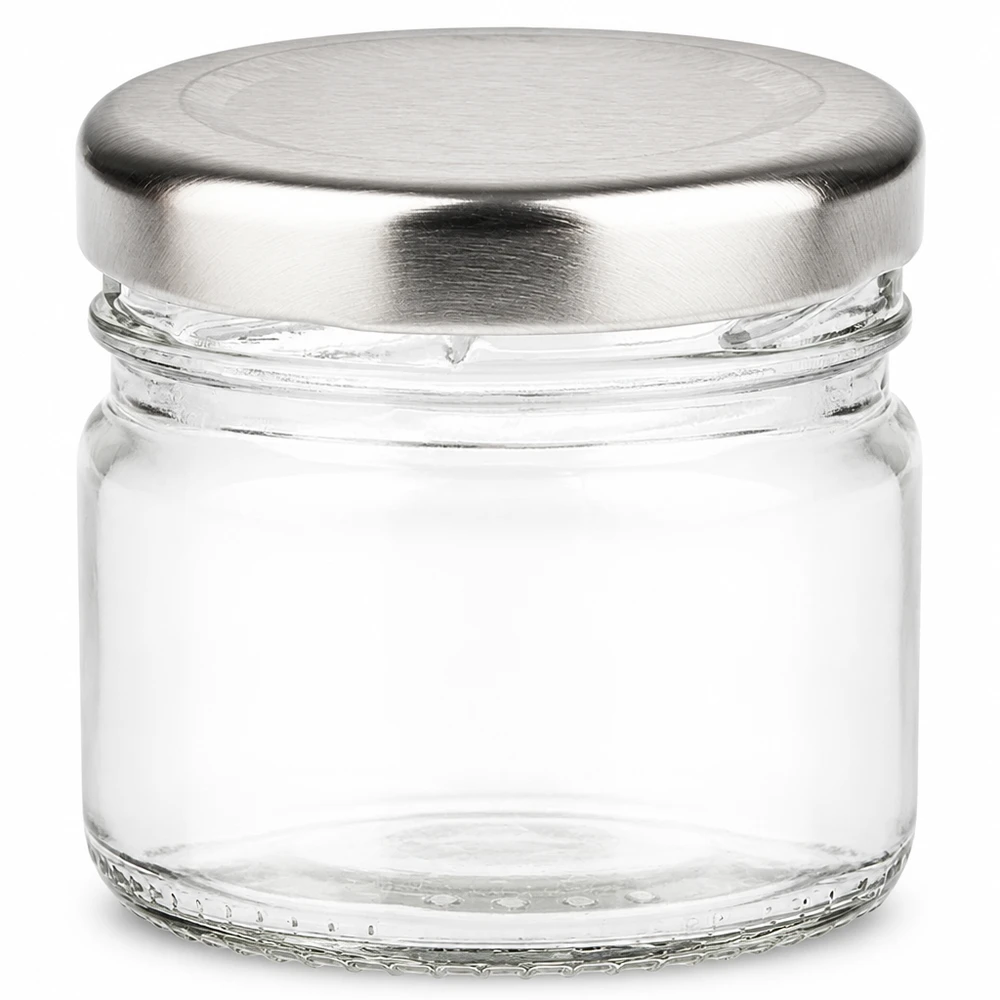 33ml Rundglas + BasicSeal Deckel silber UNiTWIST Kompaktes 33ml Vorratsglas mit silbernem Metalldeckel für Proben und Gastgeschenke