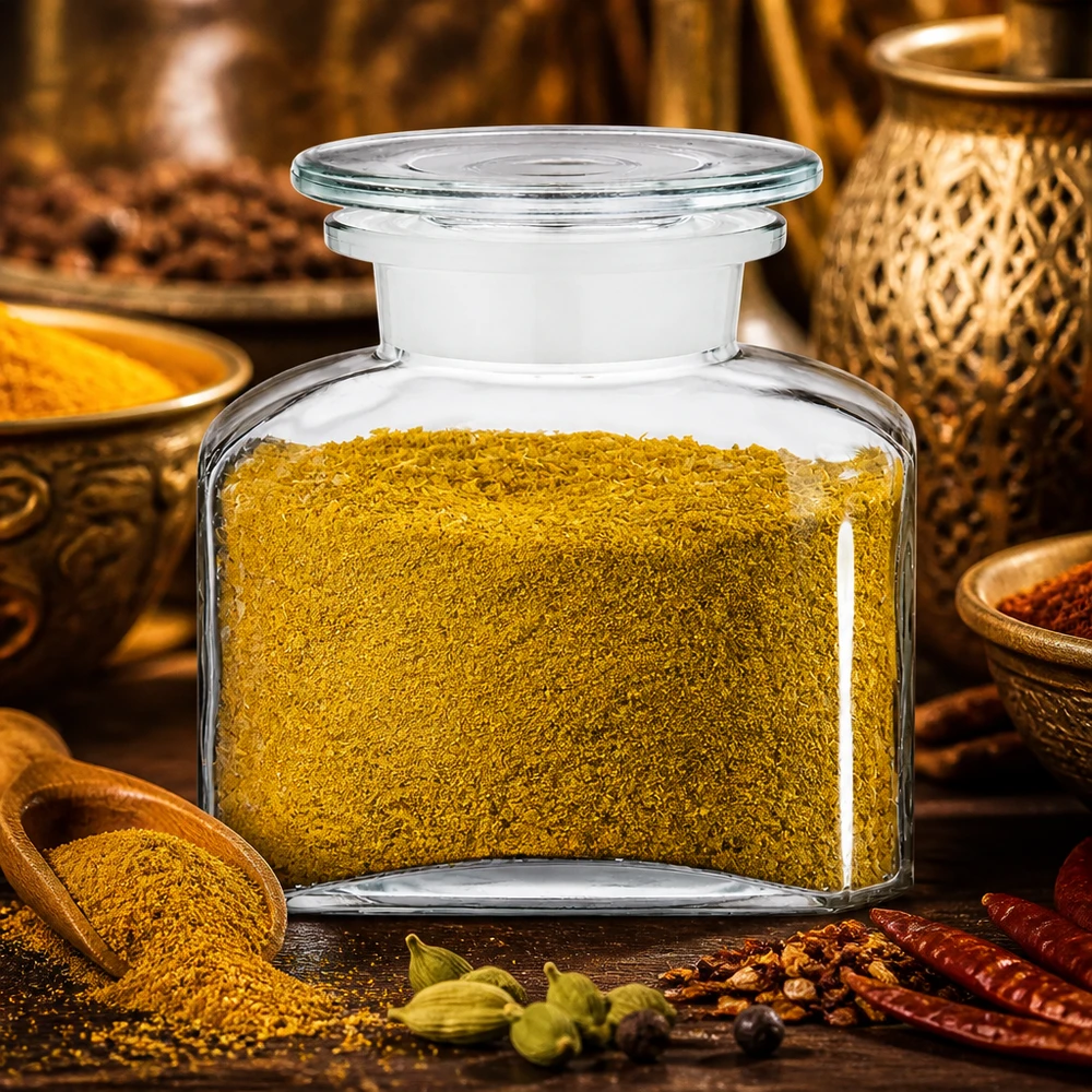 Luftdichtes Gewürzglas mit breitem Hals und goldenem Gewürzpulver neben Messingdeko