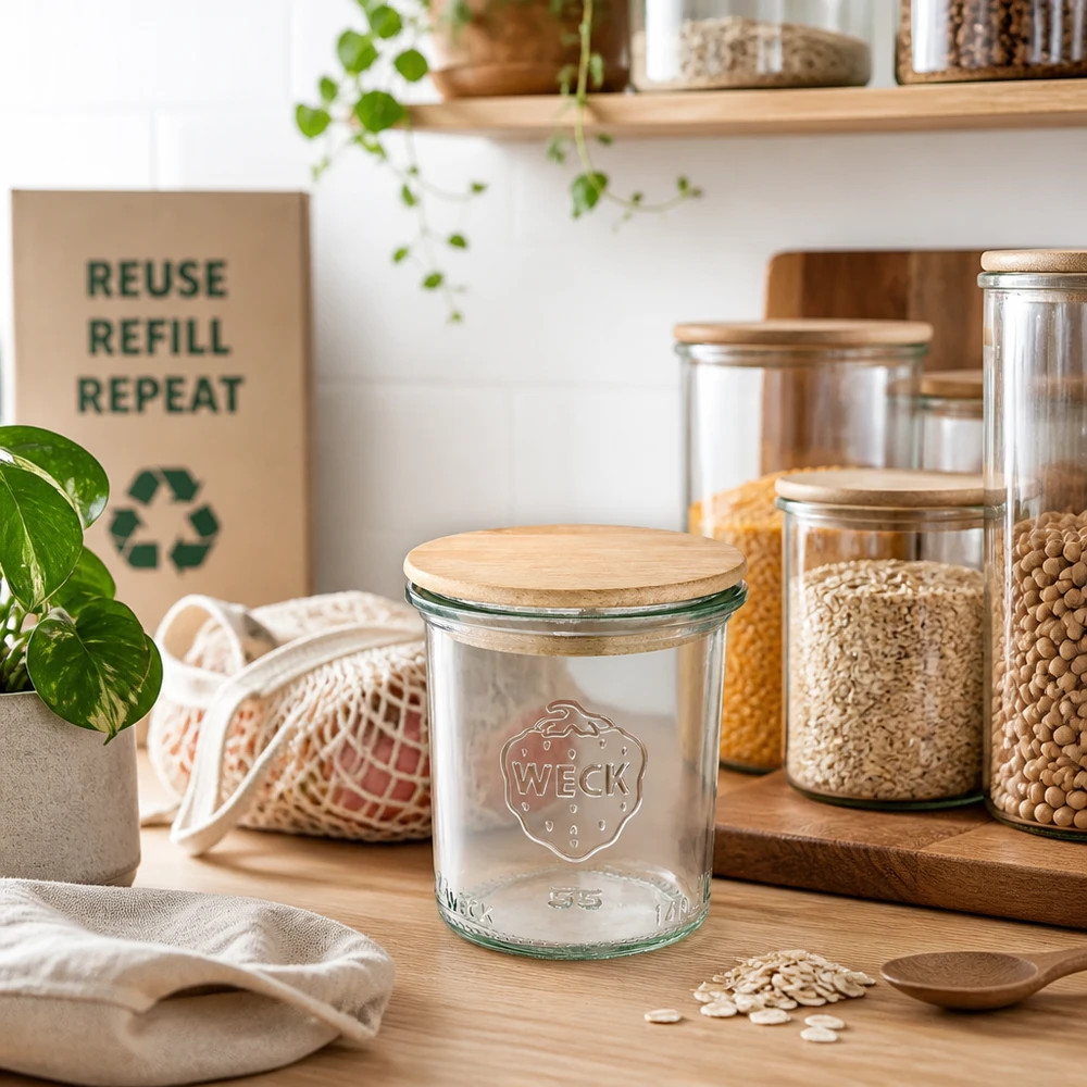140ml Sturzglas WECK RR60 mit Holzdeckel WECK Sturzglas 140ml RR60 Holzdeckel in nachhaltiger Zero-Waste Küche mit Vorratsgläsern und Recycling-Symbol