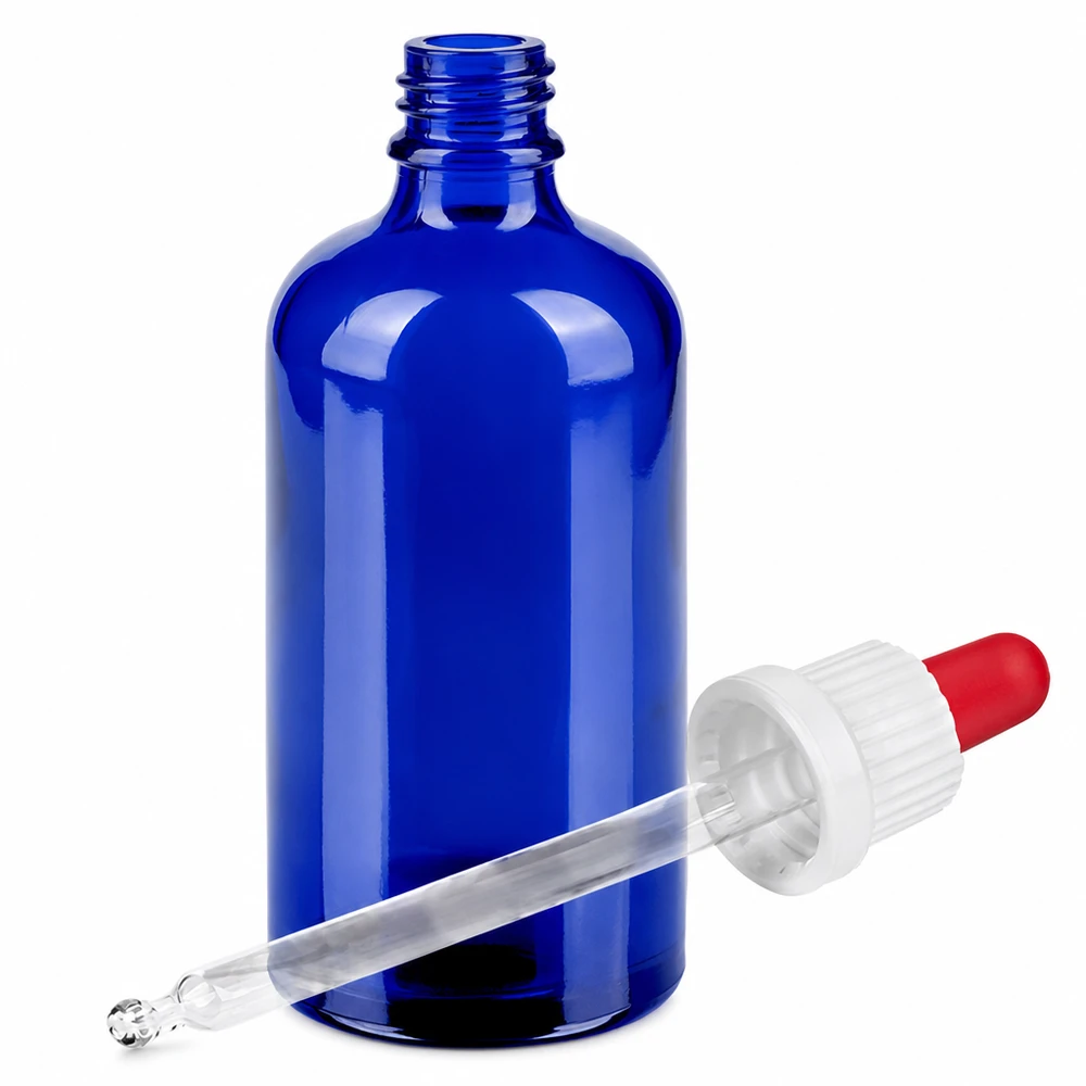 100ml Pipettenflaschwarz weiß/rot Originalitätsverschluss BlueLine UT18/100 100ml Apothekerflasche aus blauem Glas - professionelle Aufbewahrung mit Dosierungshilfe