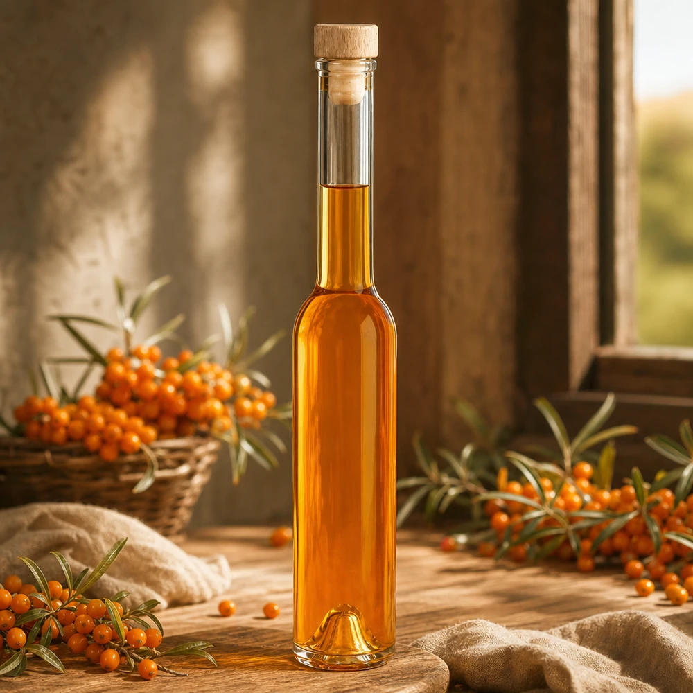 200ml Glasflasche "Hugo" mit Holzgriff-Korken UNiTWIST Glasflasche Hugo 200ml mit Sanddornöl und frischen Sanddornbeeren in natürlicher Holzumgebung mit Leinendekor