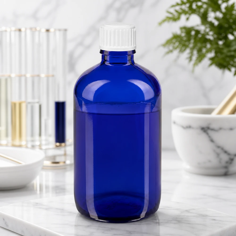 Apothekenflasche blau 100ml Tropfverschluss weiß 0.8mm Standard Blaue 100ml Rundflasche mit weißem Schraubverschluss und 0.9mm Tropfeinsatz für Naturheilkunde