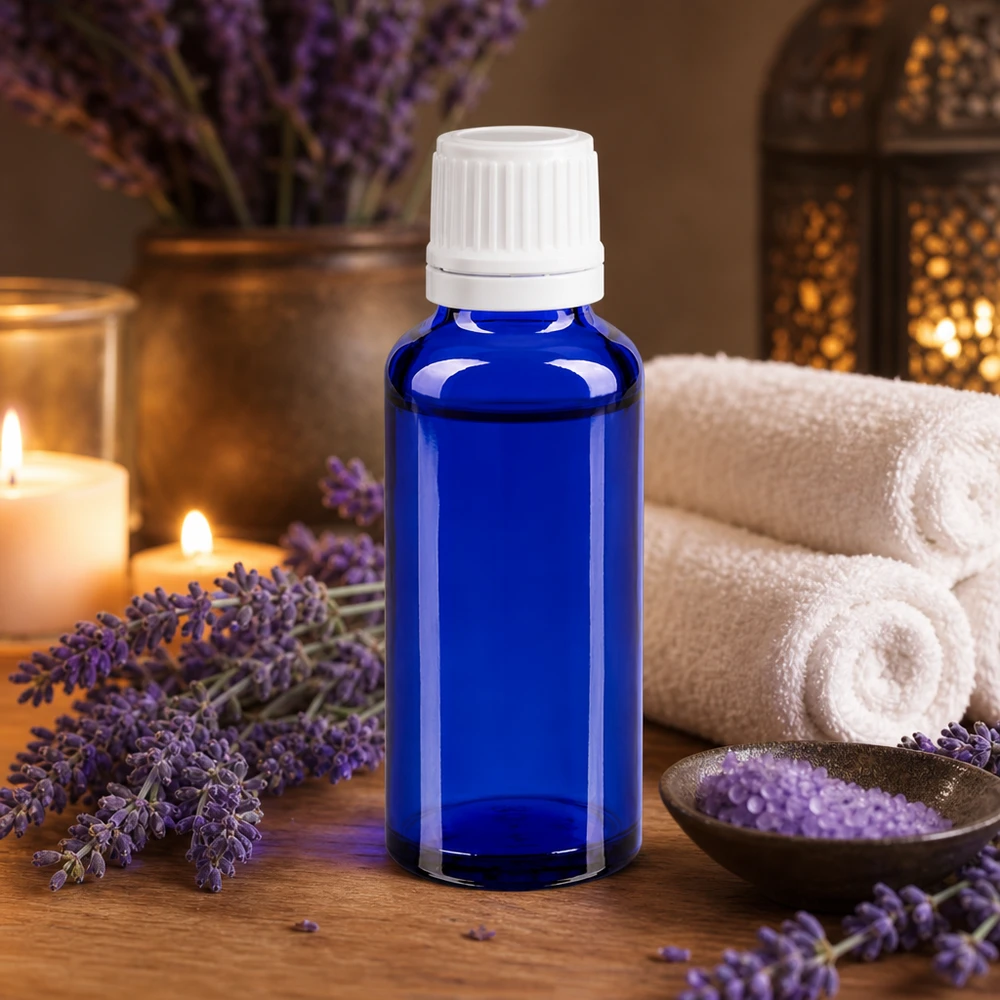 UV-geschützte 30ml Flasche in Blauglas mit weißem Tropfverschluss für empfindliche Öle