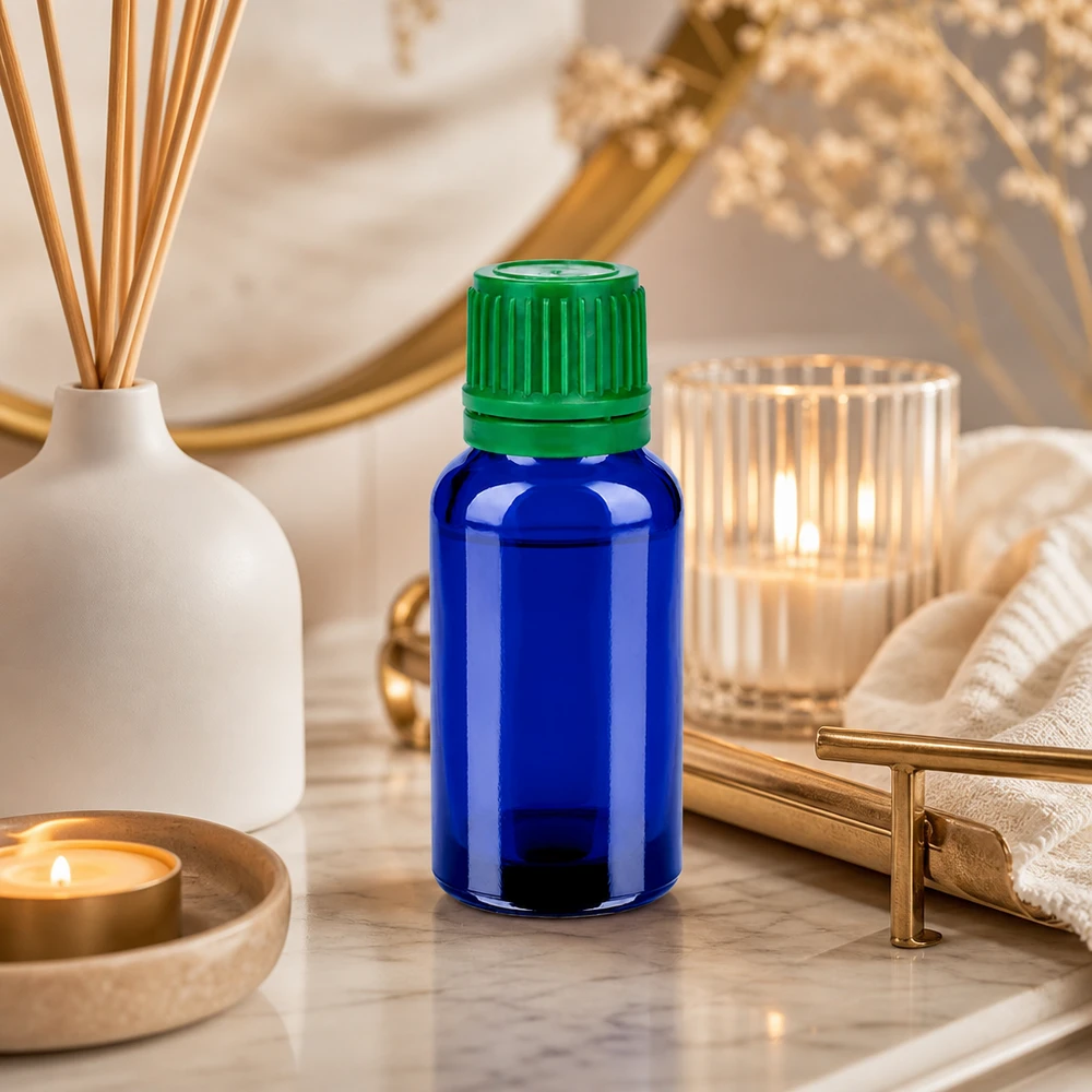 20ml Flasche 11mm Schraubverschluss grün Originalitätsverschluss BlueLine UT18/20 20ml Glasflasche BlueLine Serie mit lichtschützendem Kobaltblau und praktischer Größe