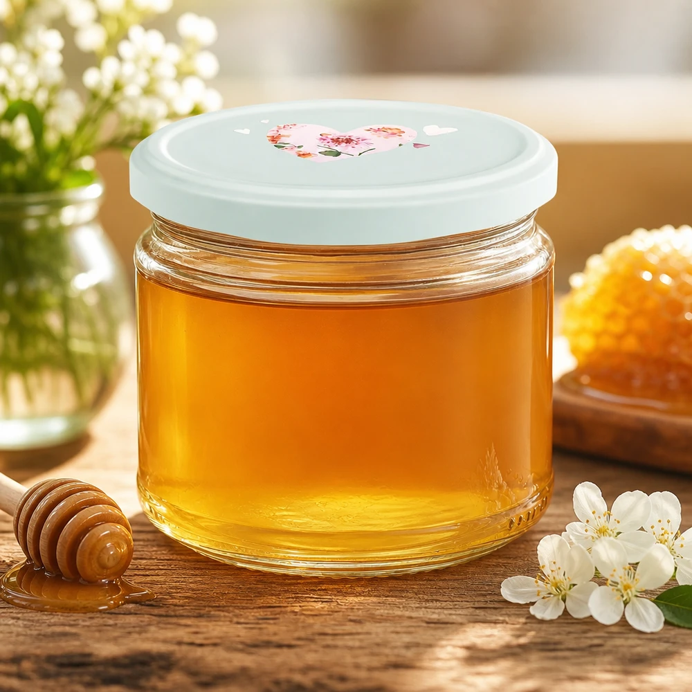 330ml Rundglas mit Honig gefüllt BasicSeal Deckel Herzmotiv mint Honigglas Marmeladenglas Küchendeko Blüten
