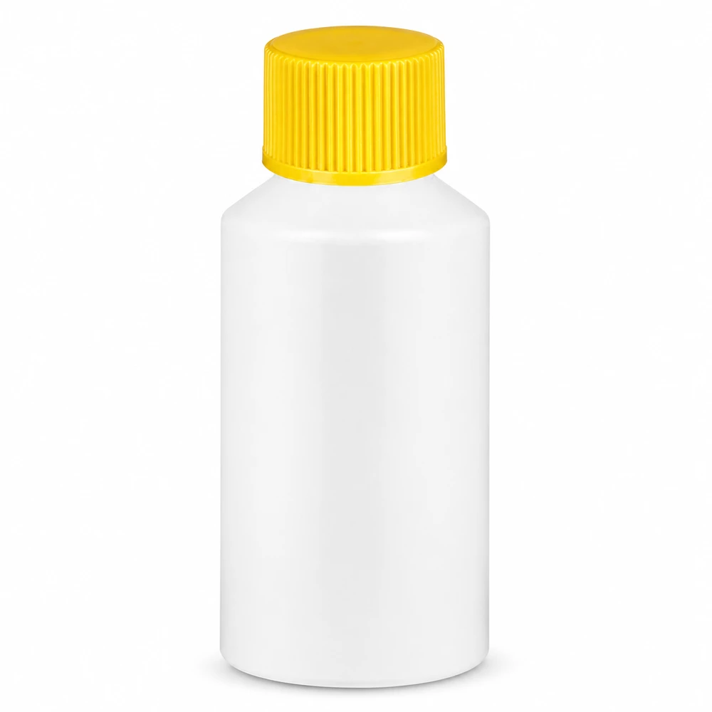 Apothekenflasche HDPE 50ml weiß, mit gelbem Schraubverschluss Kompakte weiße Medizinflasche 50ml HDPE mit gelbem Schraubverschluss für Flüssigkeiten
