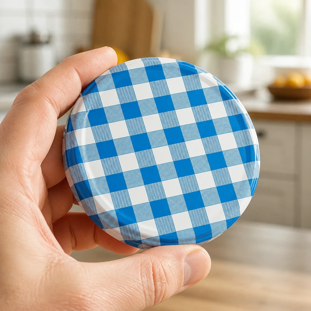 BasicSeal TO82 Deckel blau weißes Karomuster Nahaufnahme Küchenumgebung