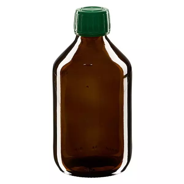 250ml Medizinflasche braun, Verschluss grün mit Originalitätsring ApoGlas 250ml Medizinflasche braun, Verschluss grün mit Originalitätsring ApoGlas