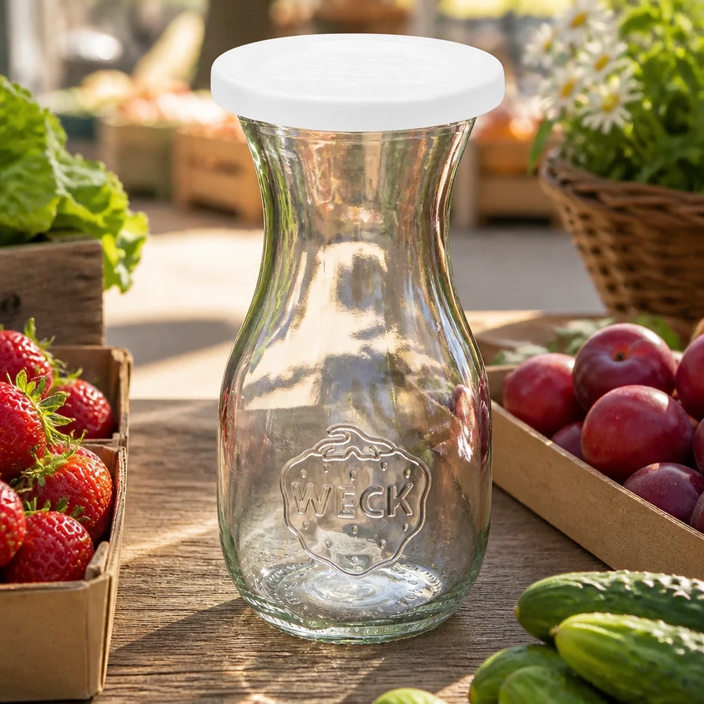 290ml Saftflasche mit Frischedeckel WECK RR60 WECK Saftflasche 290ml mit RR60 Frischedeckel zwischen frischem Obst und Gemüse auf rustikalem Holztisch arrangiert