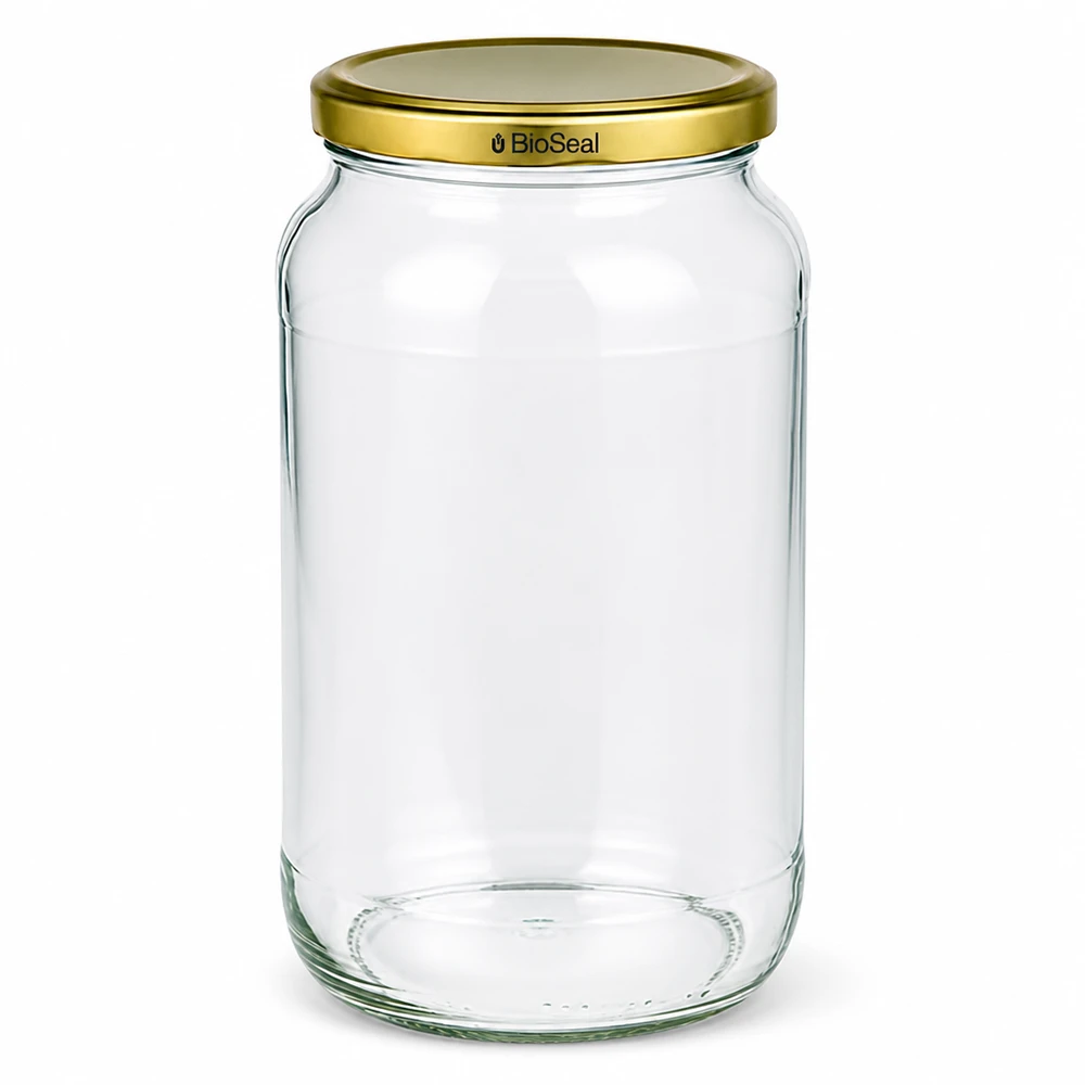 UNiTWIST Runda1062 Einmachglas mit goldenem TO82 BioSeal Deckel transparent leer Vorratsbehalter