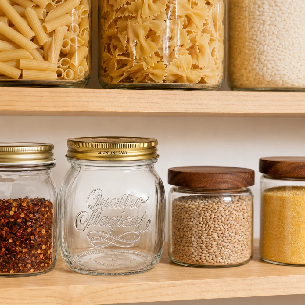 Quattro Stagioni Einmachglas 700ml in organisierter Pantry mit Pasta und Gewürzen italienische Küchenausstattung