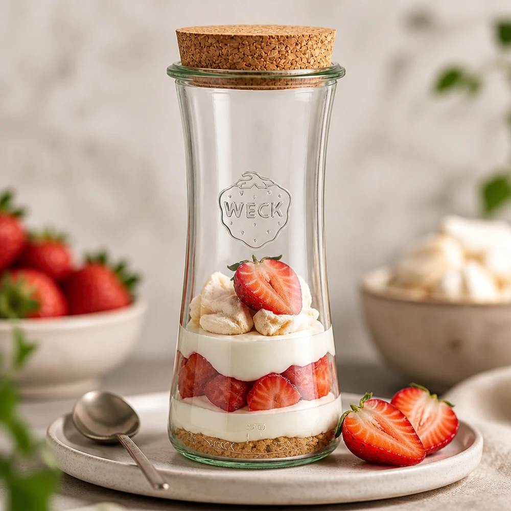 700ml Delikatessenglas WECK RR80 mit Korken natur WECK RR80 Delikatessenglas 700ml mit Korken gefüllt als Erdbeer-Schichtdessert mit Sahne auf weißem Serviertablett