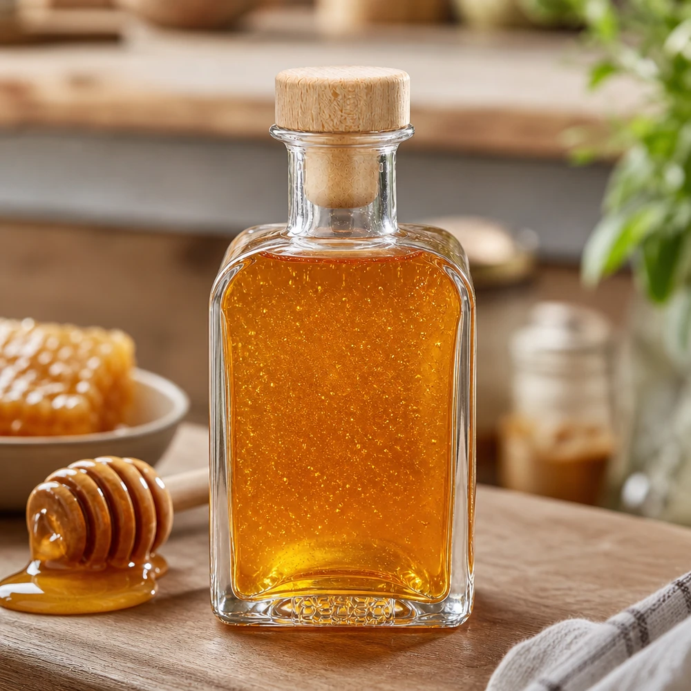 200ml Glasflasche "Clara" mit Holzgriff-Korken UNiTWIST 200ml Glasflasche Clara mit Honig gefüllt Holzkorken Honiglöffel Bienenwachs natürliche Süßungsmittel Küchenzubehör