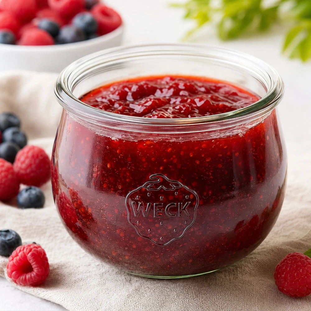 WECK Tulpenglas 580ml RR100 mit roter Marmelade gefüllt, umgeben von frischen Beeren auf Holzuntergrund