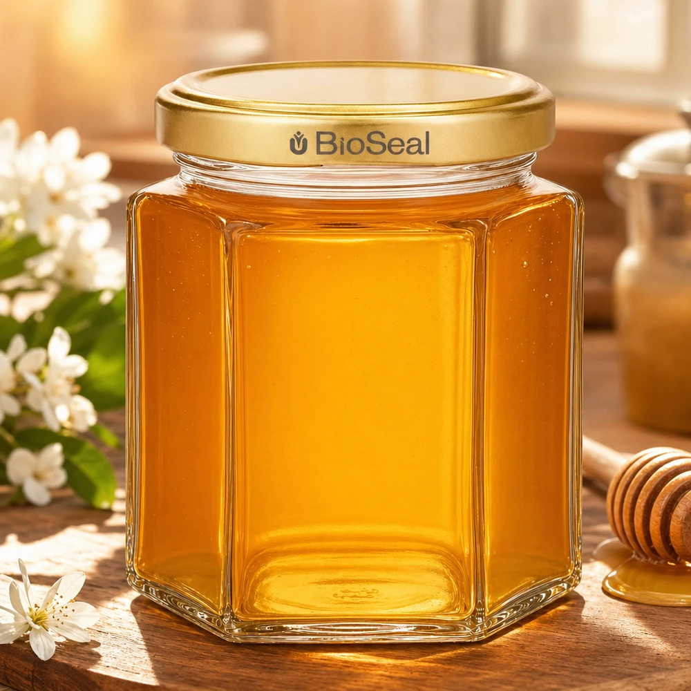 250g Honigglas mit goldenem Deckel BioSeal UNiTWIST 250g Honigglas hexagonal gefüllt mit goldenem Honig BioSeal Deckel Imkerei Verpackung auf Holztisch mit Blüten