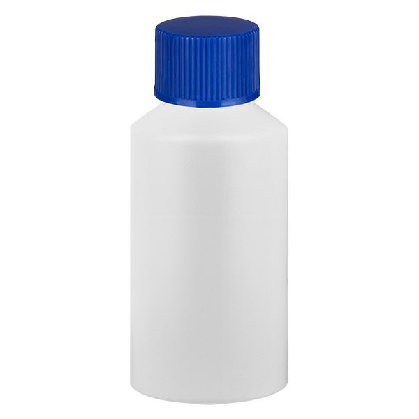Apothekenflasche HDPE 50ml weiß, mit blauem Schraubverschluss Apothekenflasche HDPE 50ml weiß, mit blauem Schraubverschluss