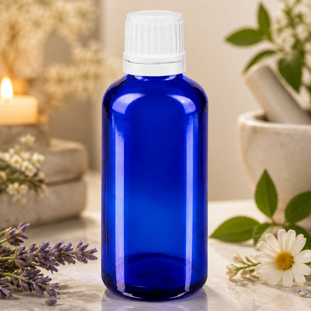 Apothekenflasche blau 50ml Tropfverschluss 1.2mm weiß Originalitätsverschluss Blaue UV-Schutz Glasflasche 50ml mit Tropfverschluss für Ätherische Öle