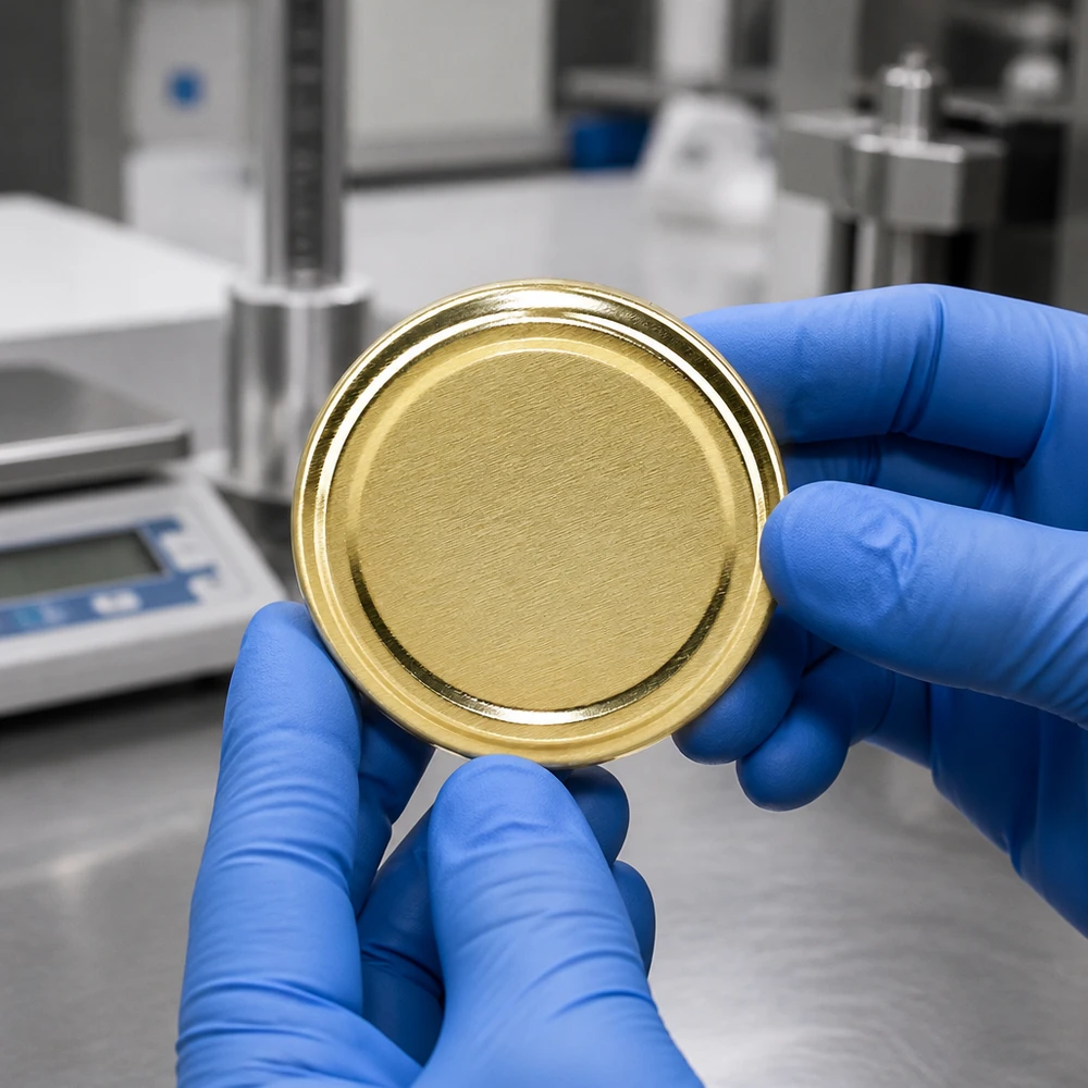 UNiTWIST TO58 gold, BioSeal, BPA-NI, unitemp Goldener TO58 Einmachdeckel Draufsicht Innenansicht BioSeal BPA-NI unitemp Handschuhträger