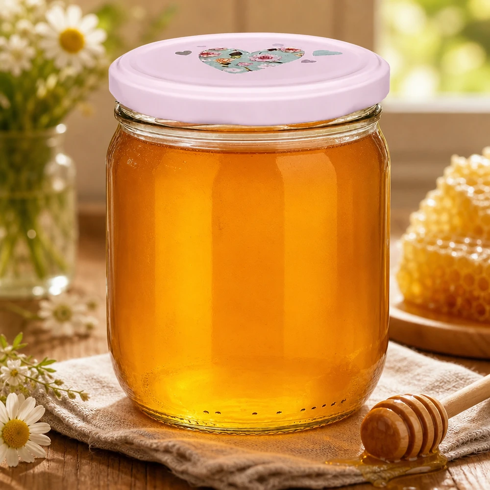 Honig in 425ml Rundglas rosa Herz-Deckel mit Honiglöffel Waben Gänseblümchen natürliche Dekoration