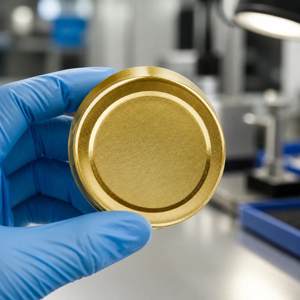 58mm BasicSeal Deckel gold (TO58deep) UNiTWIST Handschuhhand hält goldenen 58mm Einweckdeckel BasicSeal TO58deep UNiTWIST