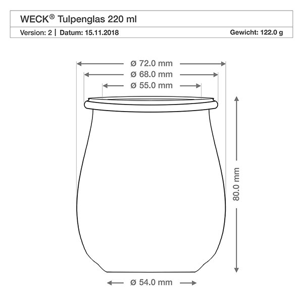 220ml Tulpenglas WECK RR60 mit Holzdeckel WECK Tulpenglas 220ml RR60 technische Zeichnung mit Maßangaben, Durchmesser und Höhe in Millimetern