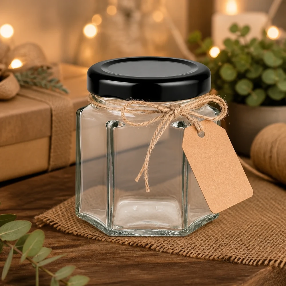 47ml Hexaglas 48er-Set mit Deckel (Deckelfarbe: schwarz) UNiTWIST UNiTWIST Hexaglas 47ml als Gastgeschenk mit Jute-Schleife und leerem Etikett 48er Set