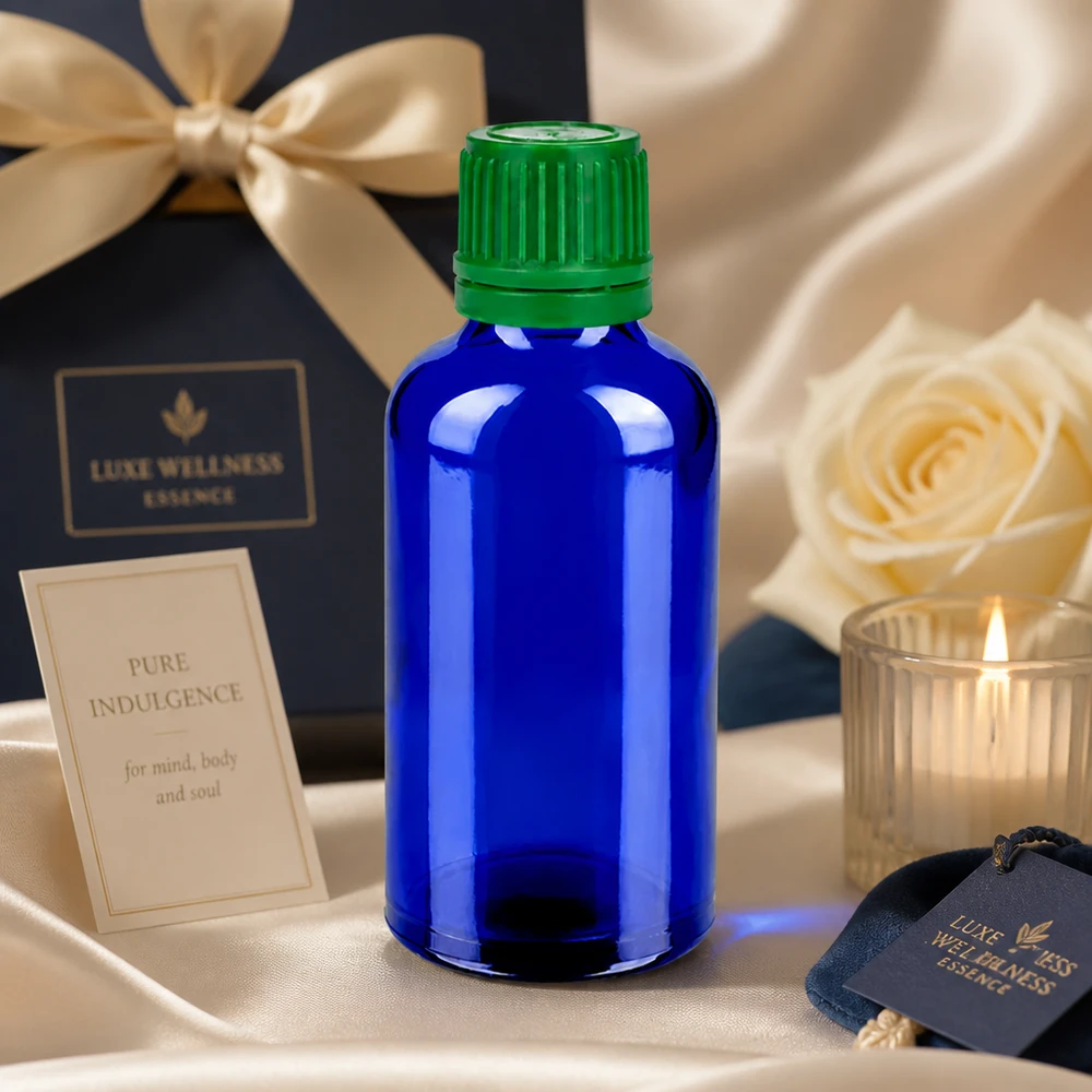 Stilvolle 50ml Flasche aus blauem Spezialglas mit grünem Verschluss für Premium-Hautpflege