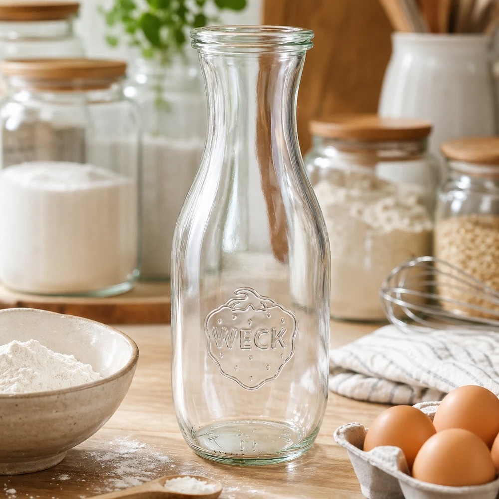1062ml Saftflasche mit Glasdeckel WECK RR60 WECK Saftflasche 1062ml leer in Küche mit Backzutaten Mehl Eiern und Vorratsgläsern auf Holzarbeitsplatte