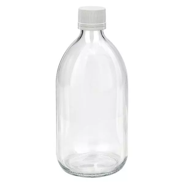 500ml Medizinflasche klar, Verschluss weiß/fein mit Originalitätsring ApoGlas