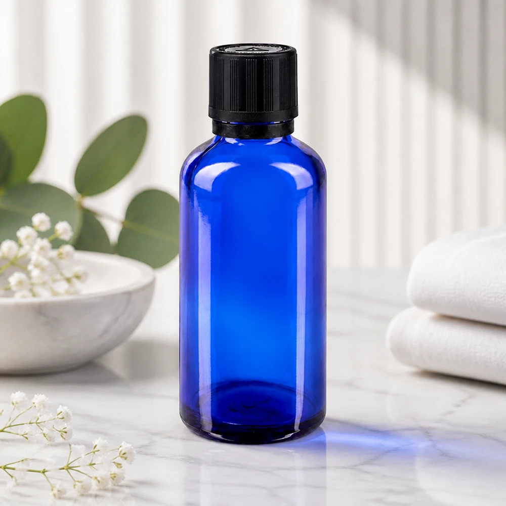 Apothekenflasche blau 50ml Tropfer Giessring 1mm schwarz Kindersicherung Blindenwarnsymbol Originalitätsverschluss Zylindrische 50ml Apothekerflasche in Kobaltblau mit schwarzem Kindersicherheitsverschluss auf Marmor