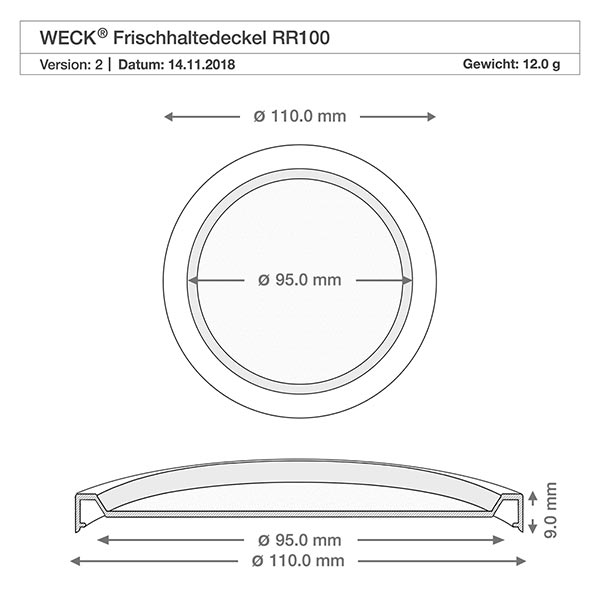 370ml Sturzglas mit Frischedeckel WECK RR100 Technische Zeichnung WECK Frischhaltedeckel RR100 mit Maßangaben 110mm und 95mm Durchmesser für Gugelhupfglas