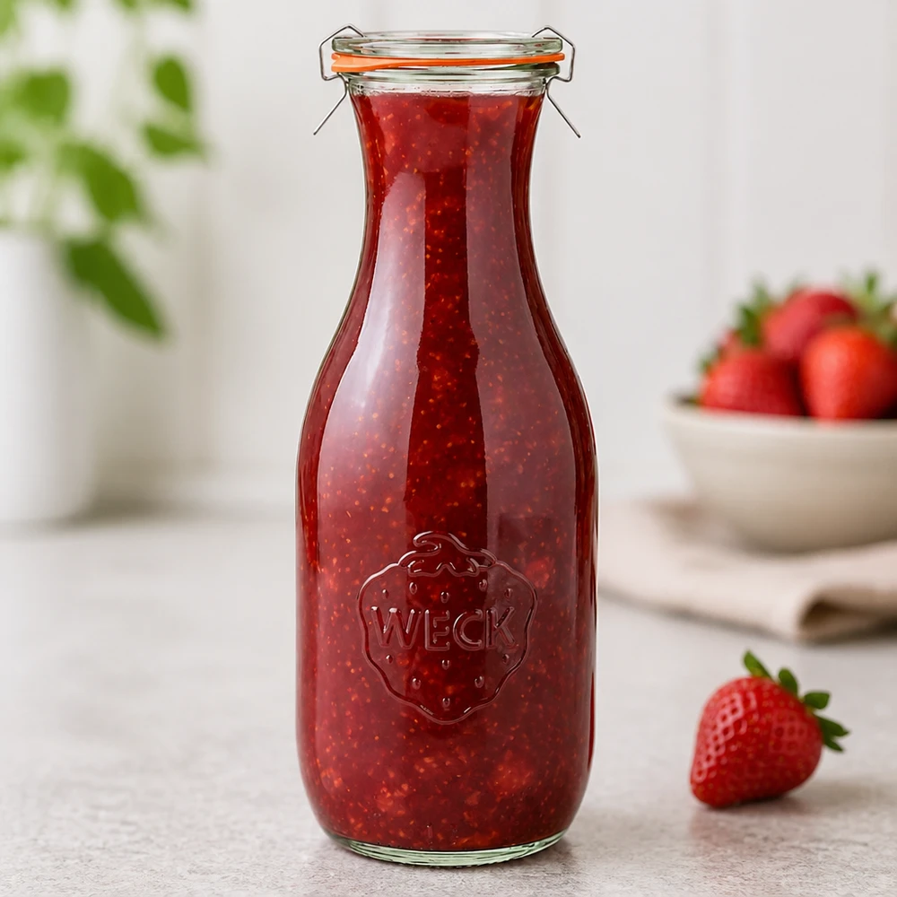 1062ml Saftflasche komplett WECK RR60 WECK Saftflasche 1062ml RR60 mit Erdbeerkonfitüre gefüllt zeigt eingeprägtes Logo und Bügelverschluss Detail