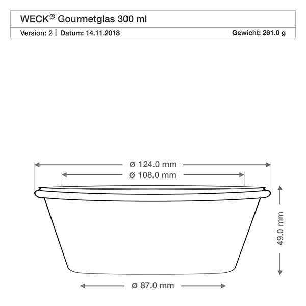 300ml Gourmetglas komplett WECK RR120 Technische Zeichnung WECK RR120 Gourmetglas 300ml mit Maßangaben Durchmesser 124mm 108mm 87mm Höhe 49mm
