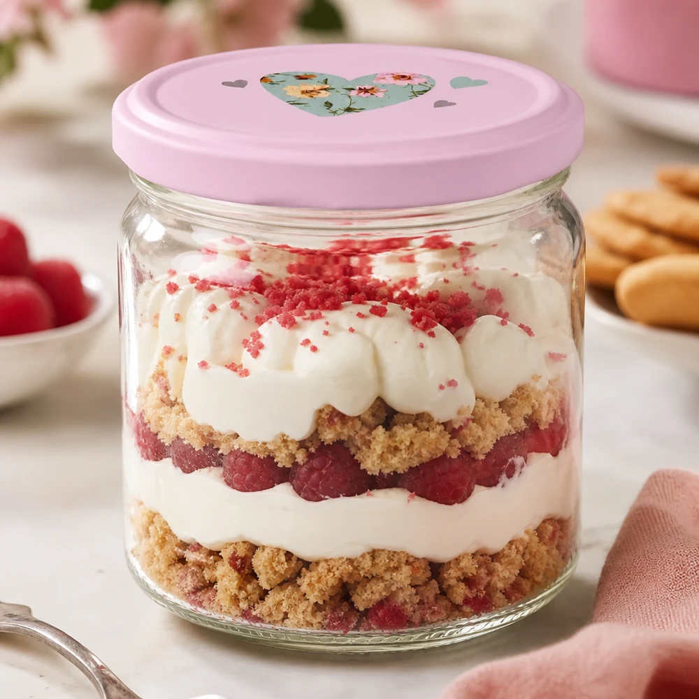 408ml Rundglas mit rosa Herz-Deckel als Dessertglas für Schichtnachtisch mit Beeren und Sahne serviert