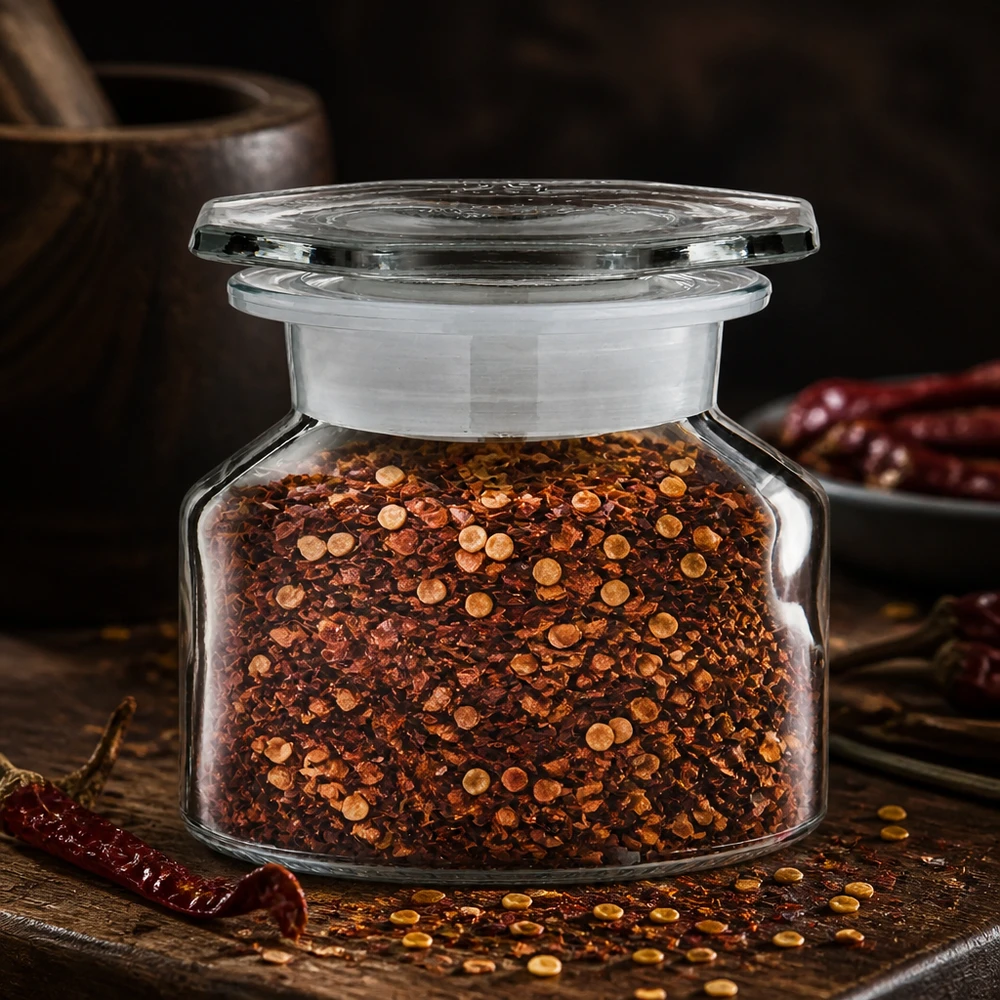 Gewürzglas Idee: 50 ml Steilbrustflasche Weithals Klarglas Bauchige Klarglas Steilbrustflasche 50ml mit gemahlenem Chili und sichtbaren Kernen