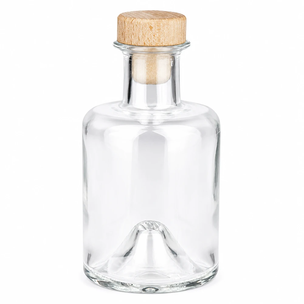 200ml Glasflasche "Sofia" mit Holzgriff-Korken UNiTWIST 200ml Glasflasche Sofia mit Holzgriff-Korken UNiTWIST transparent leer Produktfoto vor weißem Hintergrund