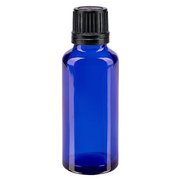 Apothekenflasche blau 30ml Tropfverschluss Giessring 1mm schwarz Originalitätsverschluss Apothekenflasche blau 30ml Tropfverschluss Giessring 1mm schwarz Originalitätsverschluss