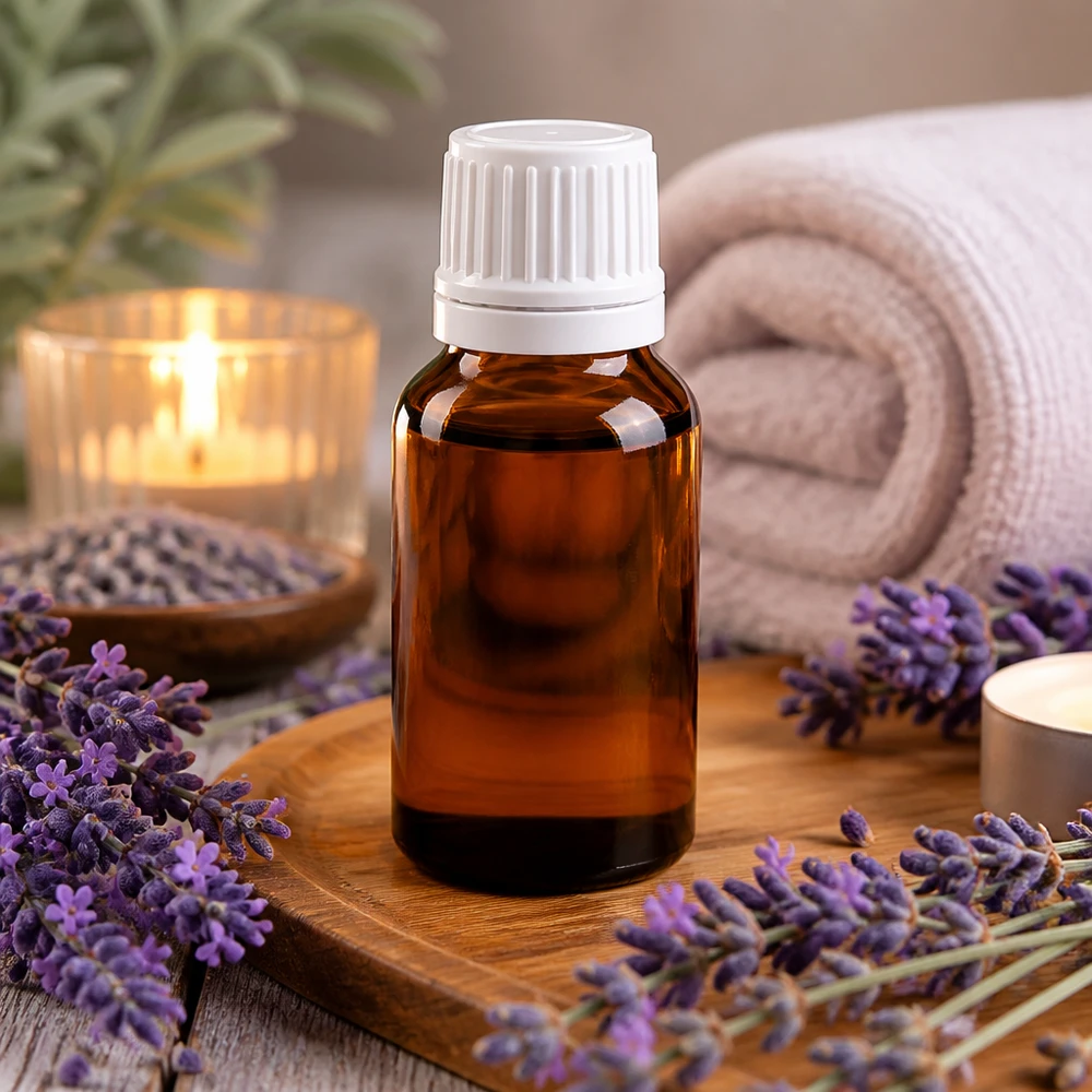 Apothekenflasche braun 15ml Tropfverschluss 1.2mm weiß Originalitätsverschluss Medizinflasche aus dunkelbraunem UV-Schutzglas mit Dosiertropfer auf Holzbrett mit Lavendel
