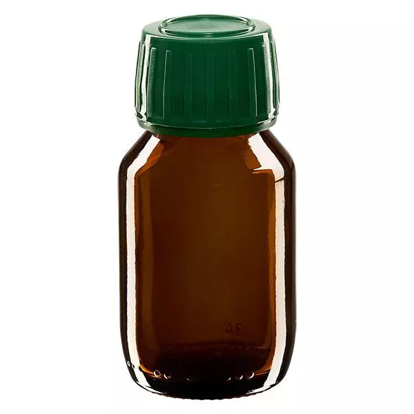 50ml Medizinflasche braun, Verschluss grün mit Originalitätsring ApoGlas 50ml Medizinflasche braun, Verschluss grün mit Originalitätsring ApoGlas