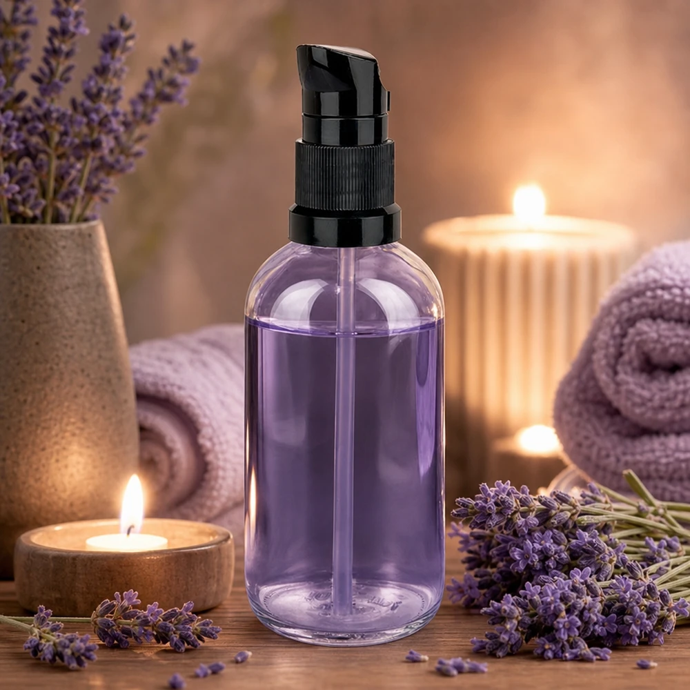 Kleine 100ml Pumpspender Klarglas schwarzer Verschluss Lavendelessenz Naturkosmetik Ambiente