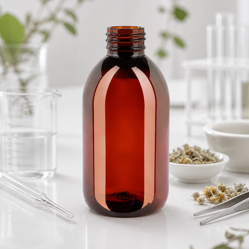 PET Flasche 250ml mit grünem Verschluss Originalitätsverschluss Lichtschutzflasche 250ml aus PET in Bernsteinfarbe mit kindersicherem Grünverschluss