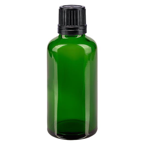 Apothekenflasche grün 50ml Tropfverschluss Giessring 1mm schwarz Originalitätsverschluss Apothekenflasche grün 50ml Tropfverschluss Giessring 1mm schwarz Originalitätsverschluss